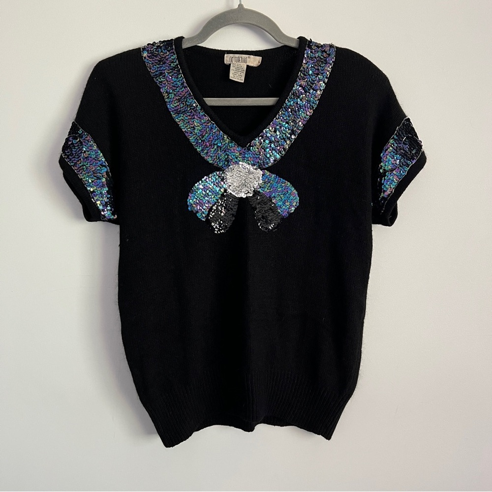 Vintage 80s Black Angora Silk Sequin Trompe L’oeil Short Sleeve Sweater Size L